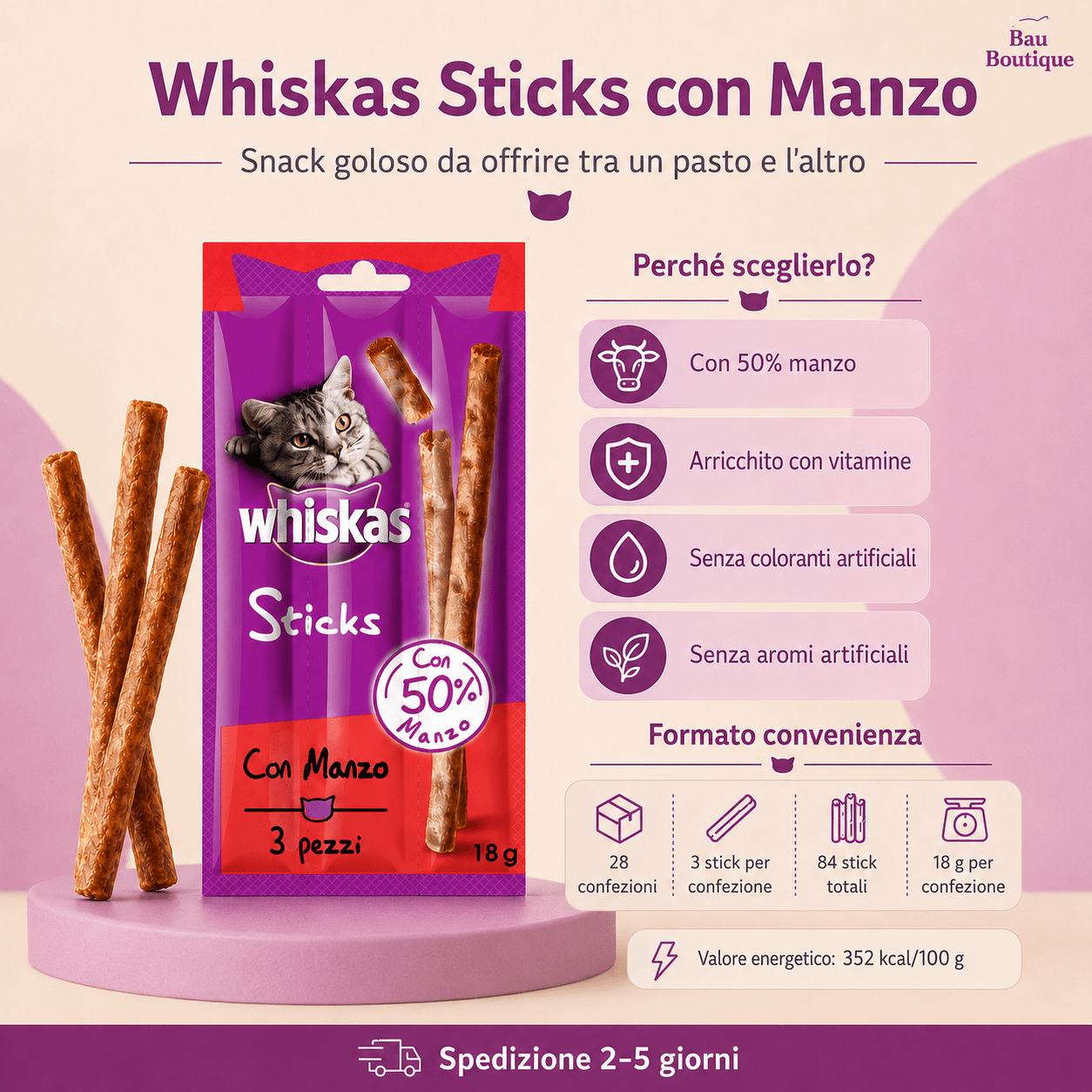 Cibo per Gatto, Sticks Ricco Di Manzo 18 G 3 Pezzi - 28 Confezioni (84 Pezzi in Totale) - bau boutique