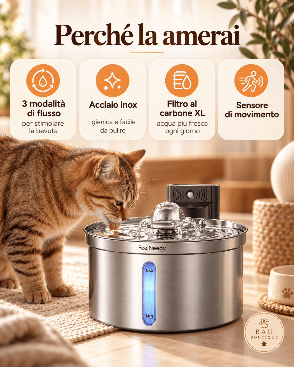 Fontanella Wireless per Gatti 3,5L in Acciaio Inox con Sensore - bau boutique
