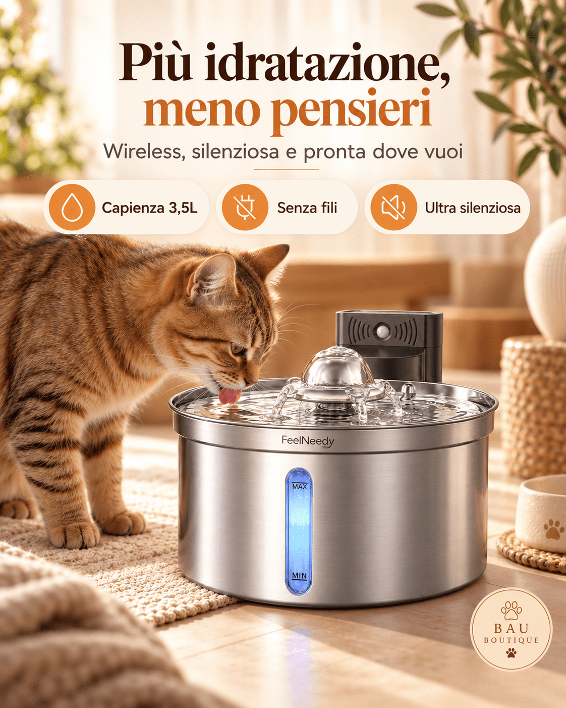 Fontanella Wireless per Gatti 3,5L in Acciaio Inox con Sensore - bau boutique