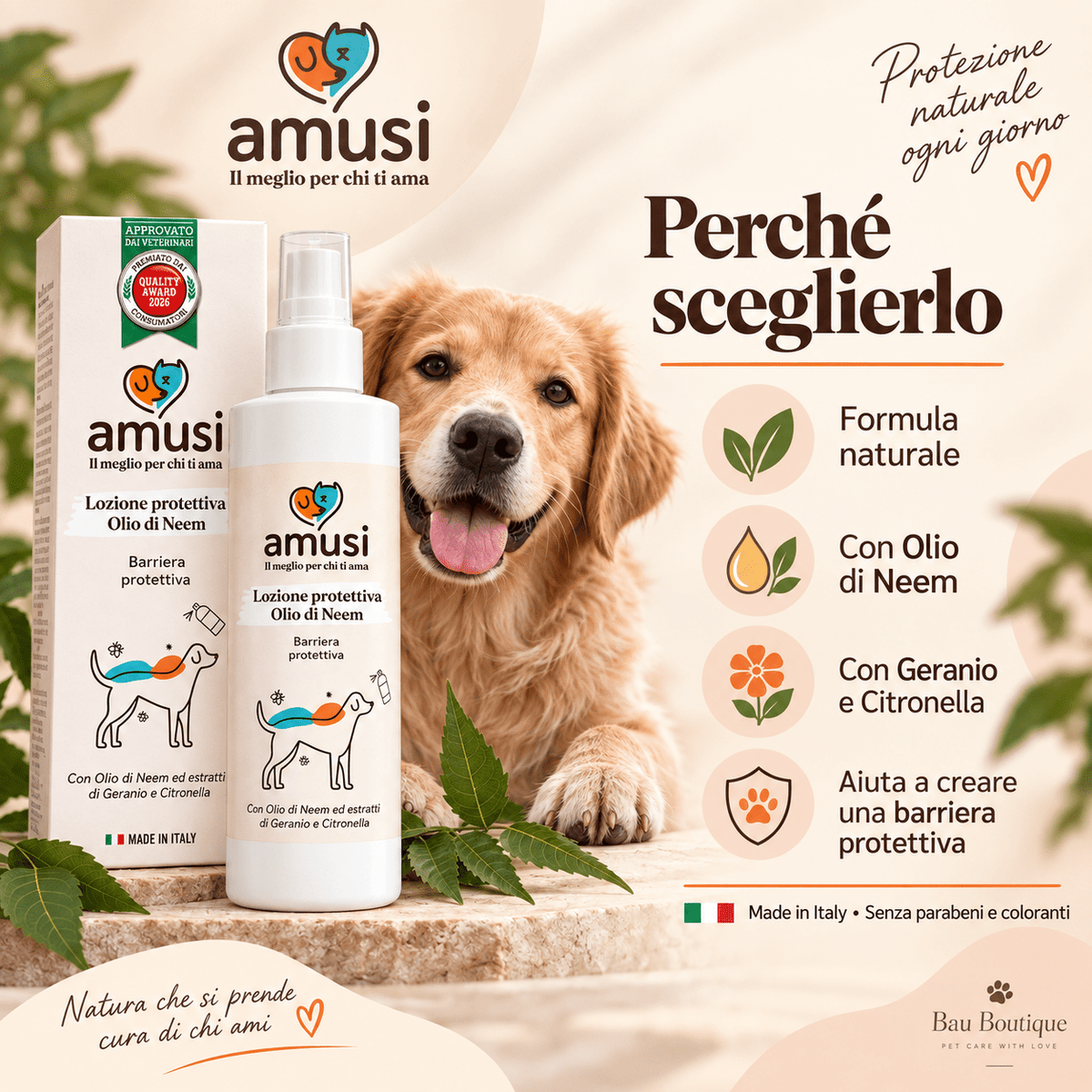 Lozione all’olio di neem Amusi per cani