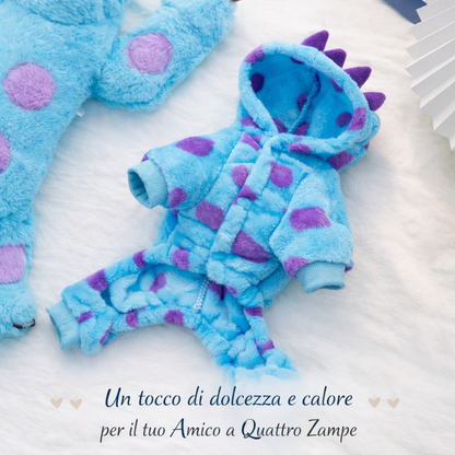Cappottino Felpato Dino Blu per Cani e Gatti – Caldo con Cappuccio per Autunno e Inverno