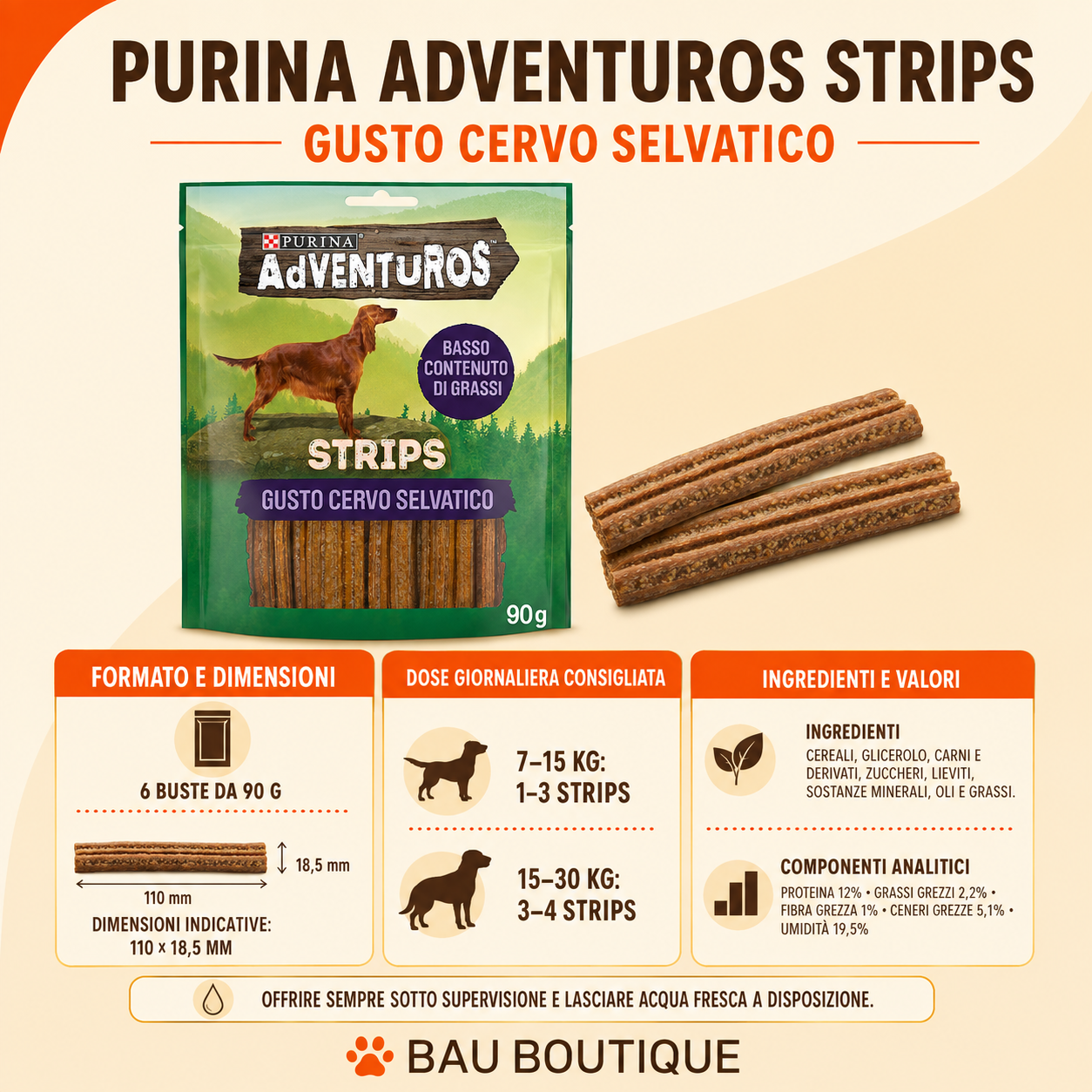 Purina Adventuros Strips al Cervo – Snack Morbidi per Cani | 6 × 90 g