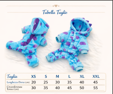 Cappottino Felpato Dino Blu per Cani e Gatti – Caldo con Cappuccio per Autunno e Inverno
