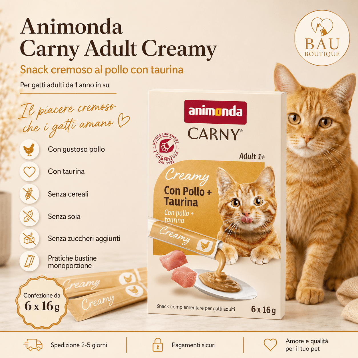 Animonda Carny Adult Creamy al Pollo – Snack Cremoso per Gatti Adulti con Taurina | 6 x 15 g - bau boutique