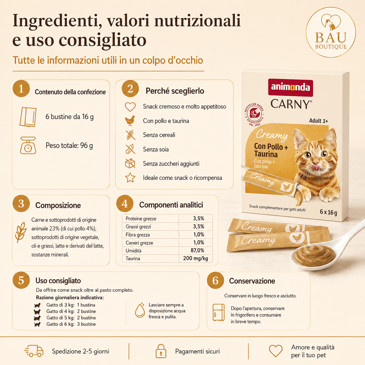 Animonda Carny Adult Creamy al Pollo – Snack Cremoso per Gatti Adulti con Taurina | 6 x 15 g - bau boutique