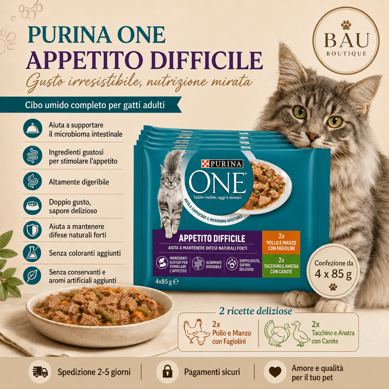 Appetito Difficile Cibo Umido per Gatti Adulti Filettini Con Pollo, Manzo E Fagiolini, Tacchino, Anatra E Carote 48 Buste Da 85G - bau boutique