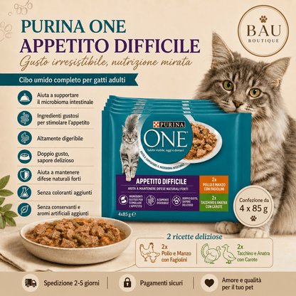 Appetito Difficile Cibo Umido per Gatti Adulti Filettini Con Pollo, Manzo E Fagiolini, Tacchino, Anatra E Carote 48 Buste Da 85G - bau boutique