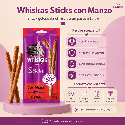Cibo per Gatto, Sticks Ricco Di Manzo 18 G 3 Pezzi - 28 Confezioni (84 Pezzi in Totale) - bau boutique