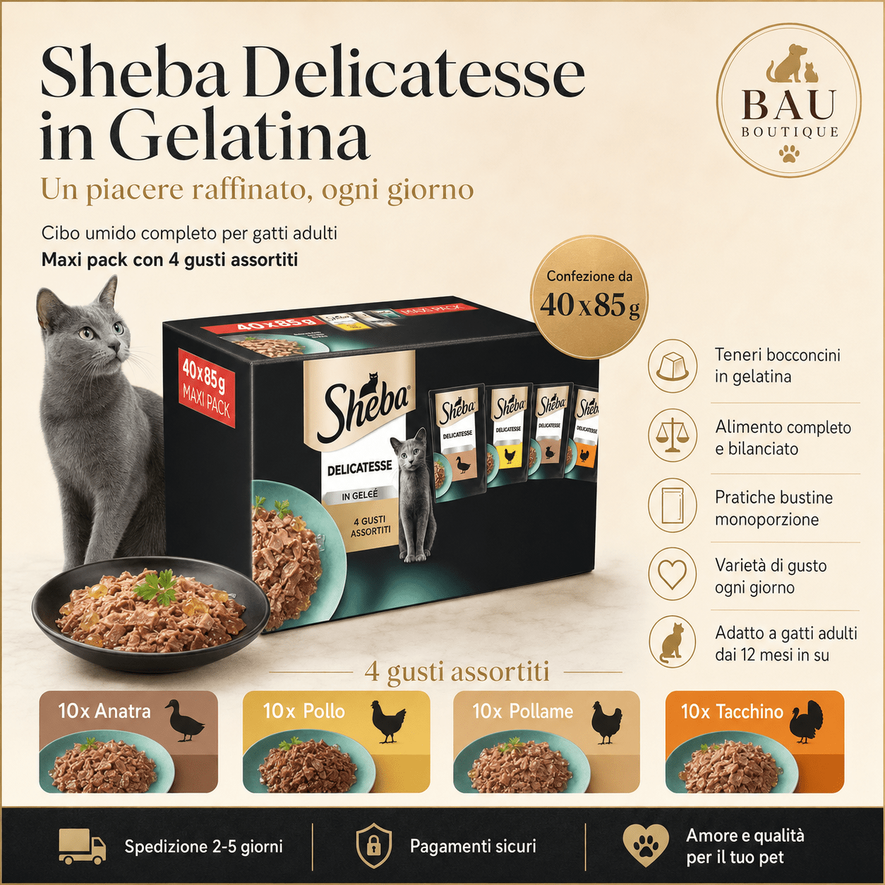 Cibo Umido per Gatti, Delicatezza in Gelatina, 40 Sacchetti per Porzioni, 40 X 85 G, Cibo per Gatti Bagnato, Con Anatra, Pollo, Pollame E Tacchino - bau boutique