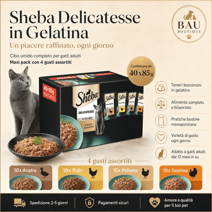 Cibo Umido per Gatti, Delicatezza in Gelatina, 40 Sacchetti per Porzioni, 40 X 85 G, Cibo per Gatti Bagnato, Con Anatra, Pollo, Pollame E Tacchino - bau boutique