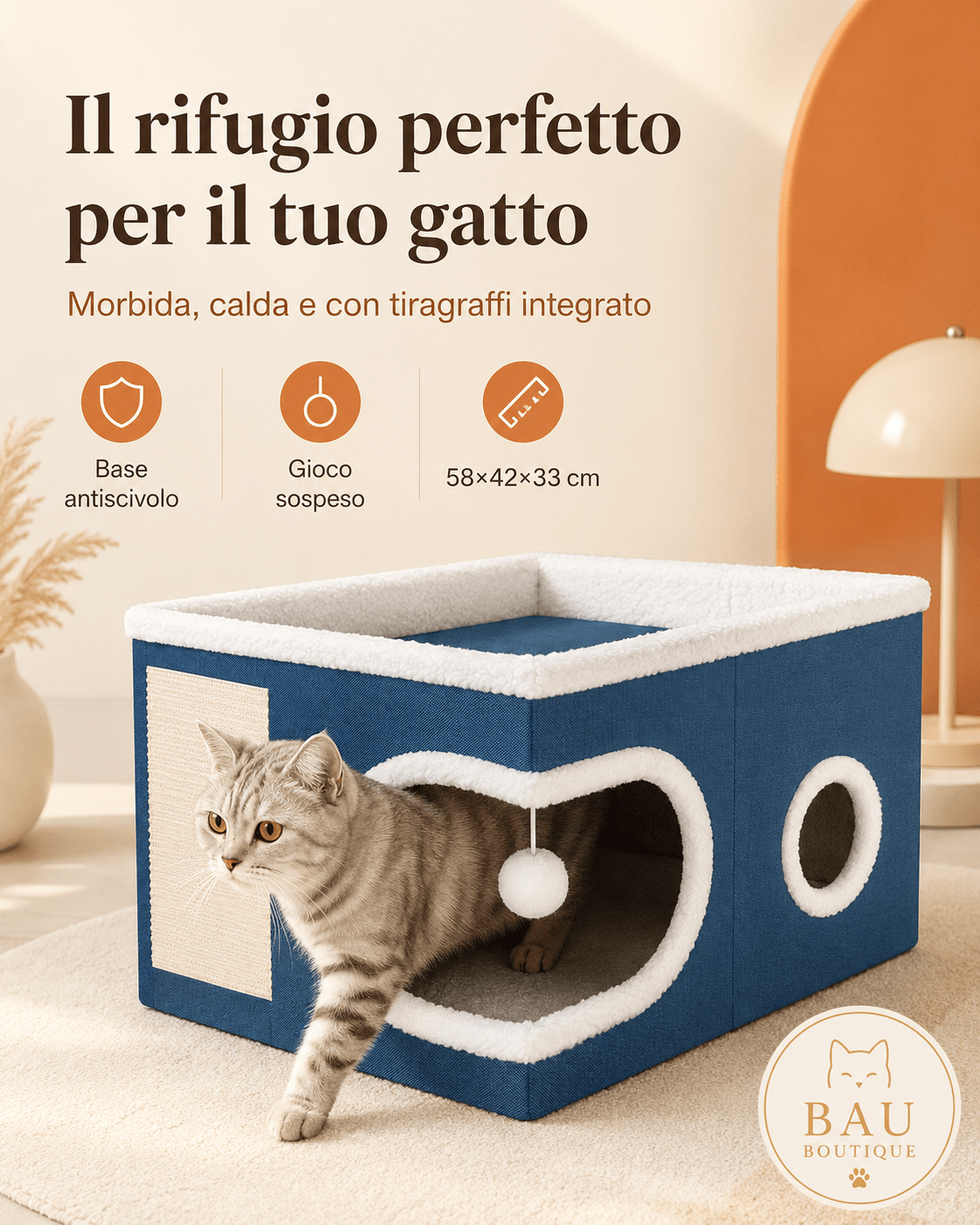 Cuccia Rifugio per Gatti con Tiragraffi e Base Antiscivolo – 58×42×33 cm | Blu - bau boutique