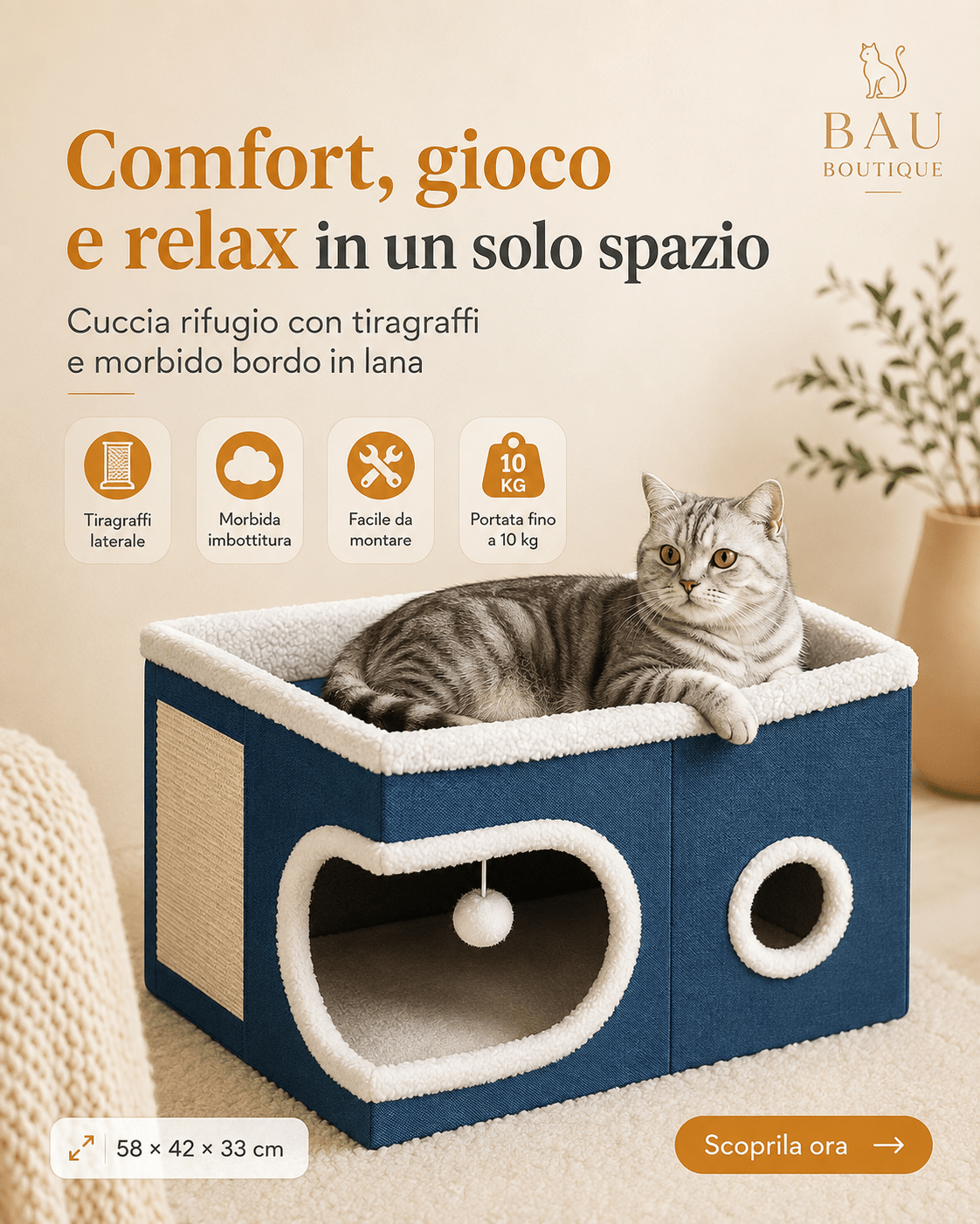Cuccia Rifugio per Gatti con Tiragraffi e Base Antiscivolo – 58×42×33 cm | Blu - bau boutique