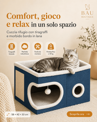 Cuccia Rifugio per Gatti con Tiragraffi e Base Antiscivolo – 58×42×33 cm | Blu - bau boutique