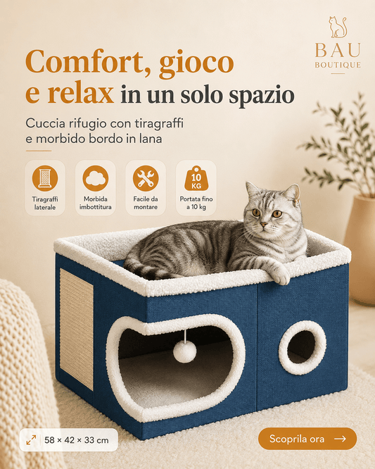 Cuccia Rifugio per Gatti con Tiragraffi e Base Antiscivolo – 58×42×33 cm | Blu - bau boutique