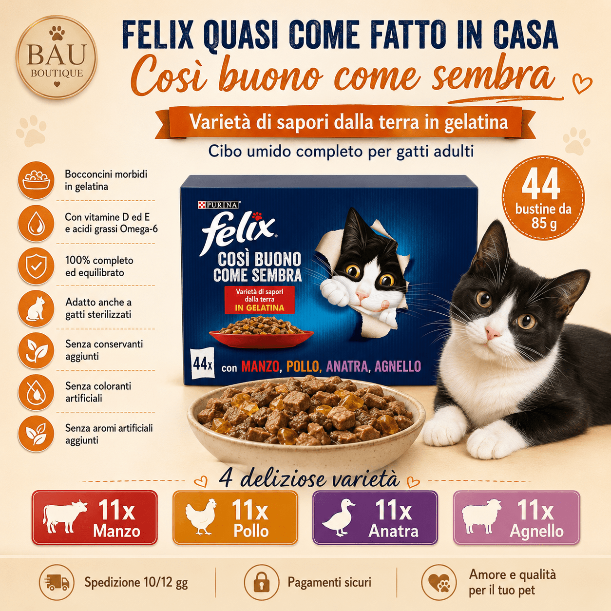 Felix Quasi Come Fatto in Casa – Cibo Umido per Gatti in Gelatina | 44 x 85 g | Manzo, Pollo, Anatra e Agnello - bau boutique