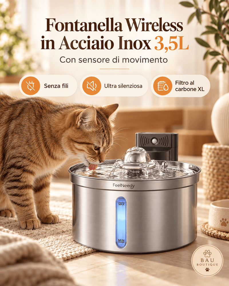 Fontanella Wireless per Gatti 3,5L in Acciaio Inox con Sensore - bau boutique