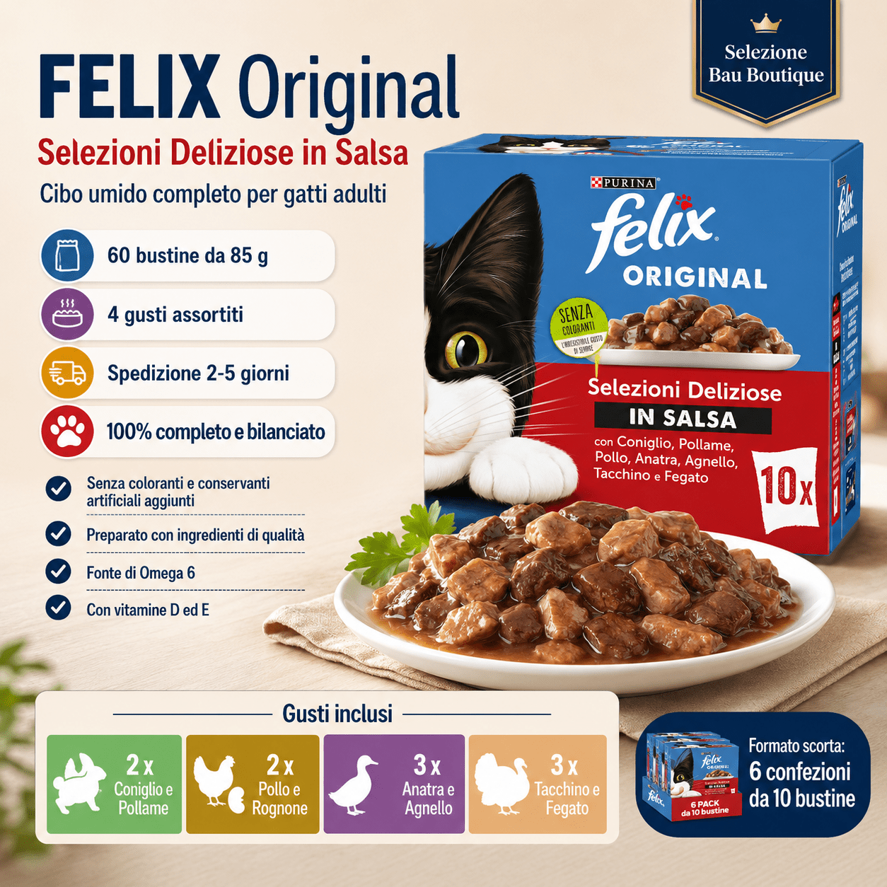 Original Cibo Umido per Gatti Adulti in Salsa Con Anatra E Agnello, Tacchino E Fegato, Pollo E Rognone, Coniglio 60 Buste Da 85G - bau boutique