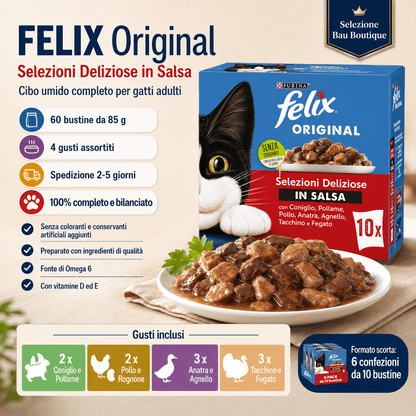 Original Cibo Umido per Gatti Adulti in Salsa Con Anatra E Agnello, Tacchino E Fegato, Pollo E Rognone, Coniglio 60 Buste Da 85G - bau boutique