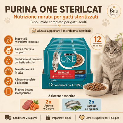PURINA ONE Sterilcat – Cibo Umido per Gatti Sterilizzati con Salmone, Tacchino e Verdure in Salsa - bau boutique