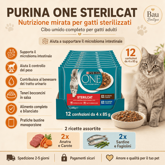 PURINA ONE Sterilcat – Cibo Umido per Gatti Sterilizzati con Salmone, Tacchino e Verdure in Salsa - bau boutique