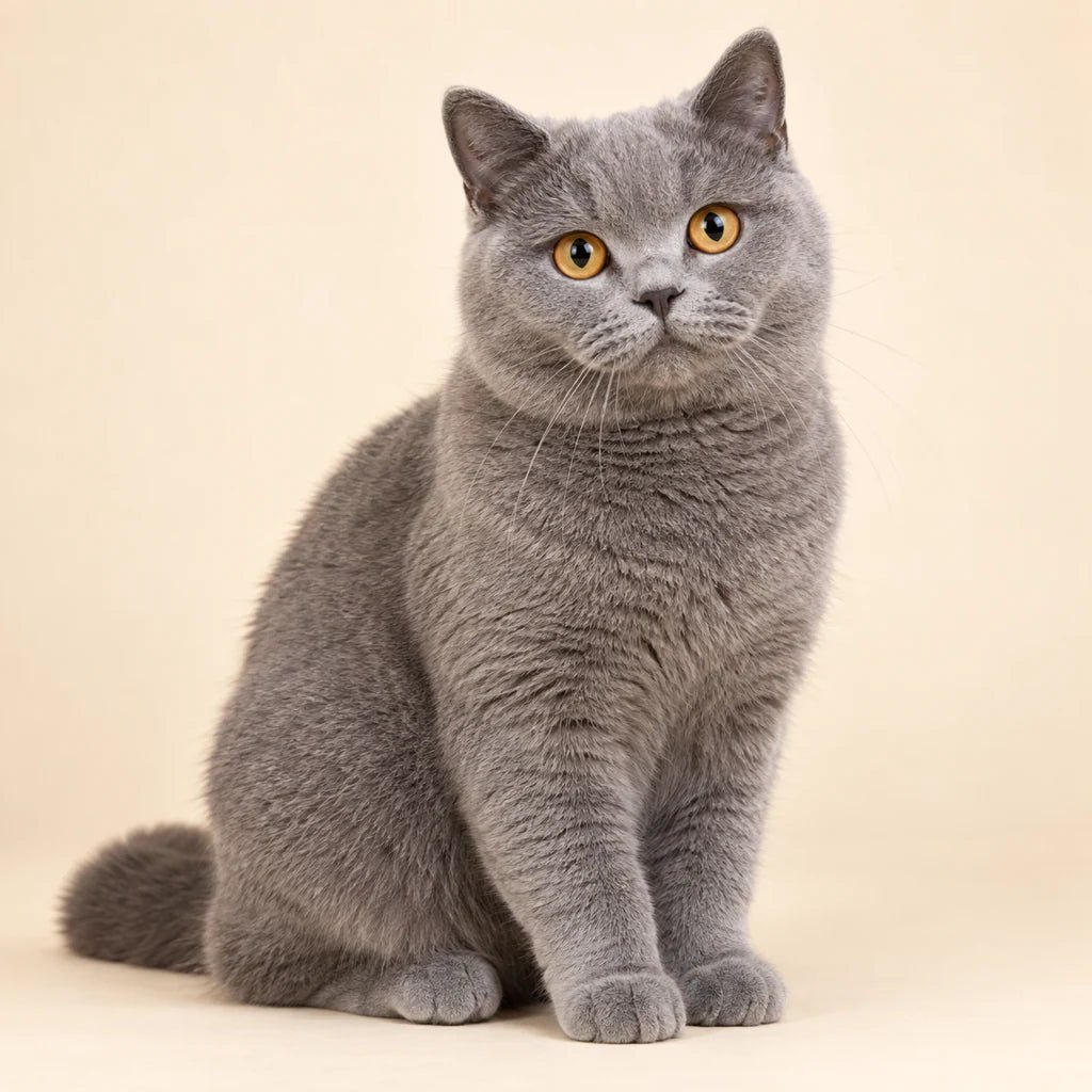 Un gatto British Shorthair su sfondo beige