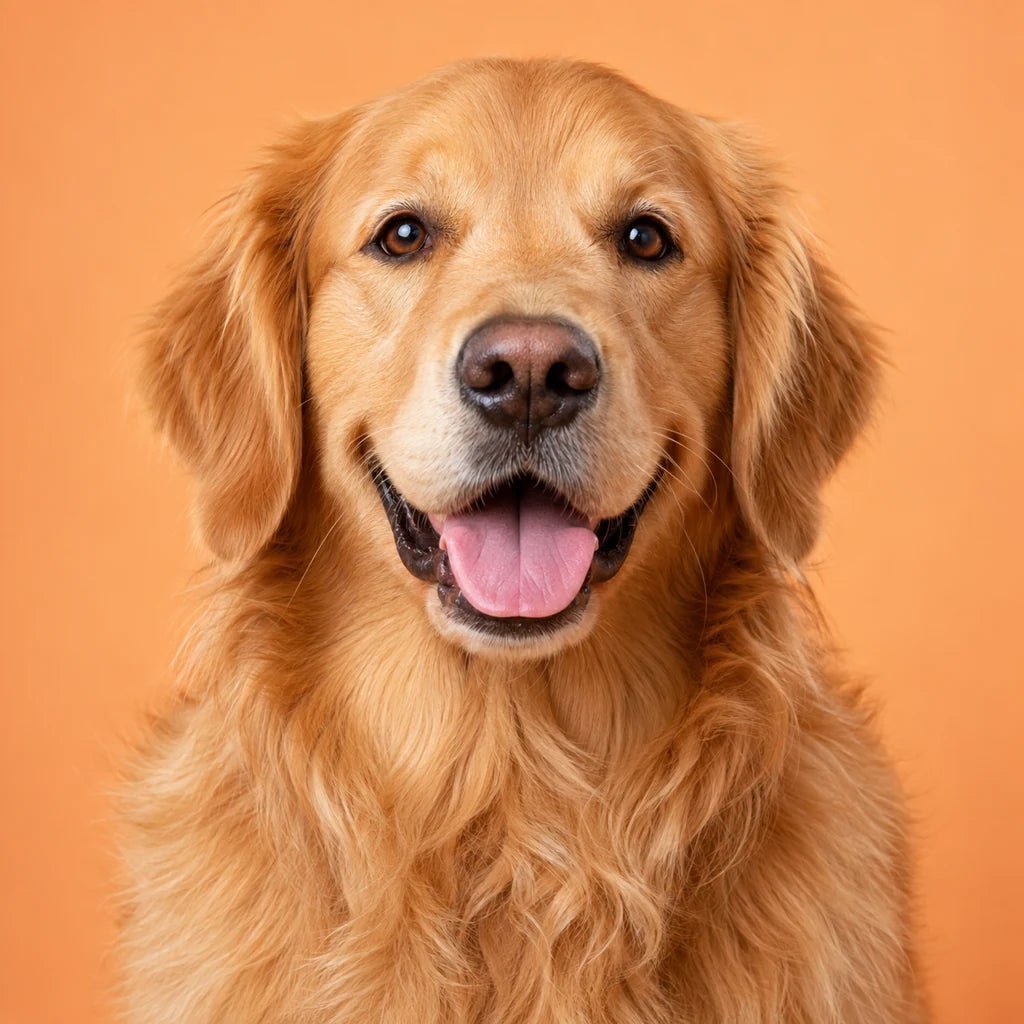 Un golden retriever su sfondo arancione