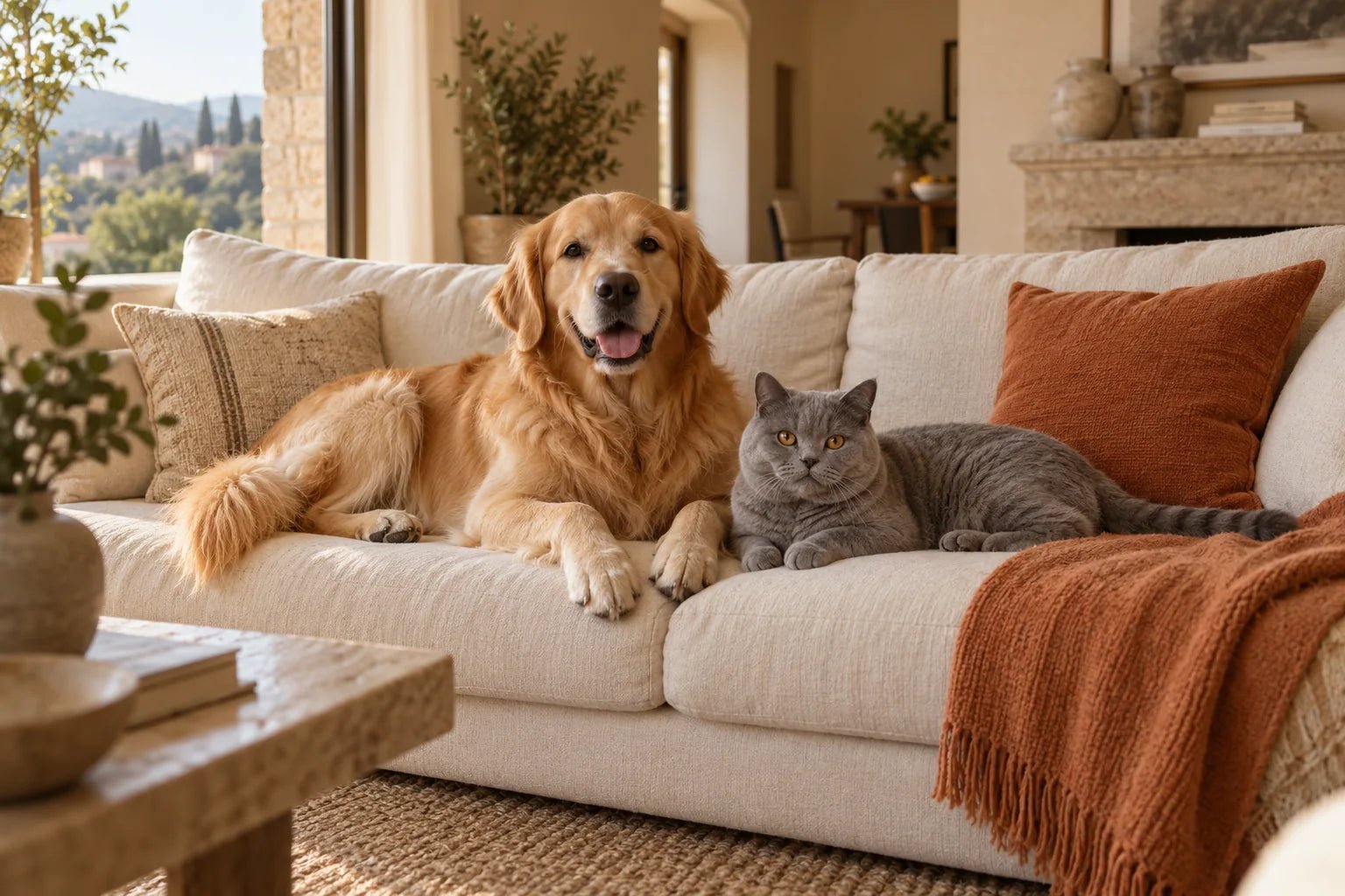 Un cane e un gatto si rilassano insieme su un divano chiaro.